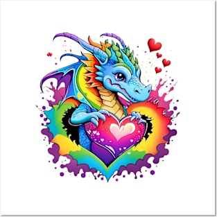 Adorable Dragon's Rainbow Heart Burst Tee (Design 2) Posters and Art